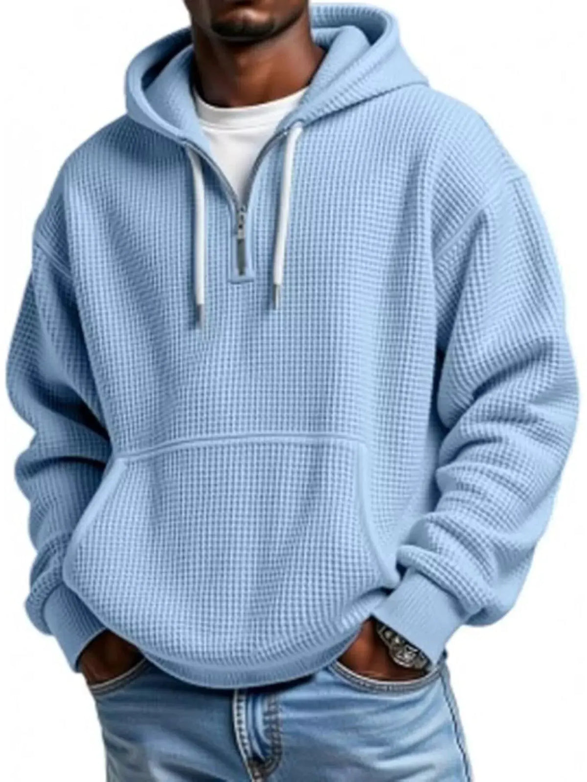 Men's Full Size Waffle Knit Quarter Zip Hoodie Plus Size by Trendsi