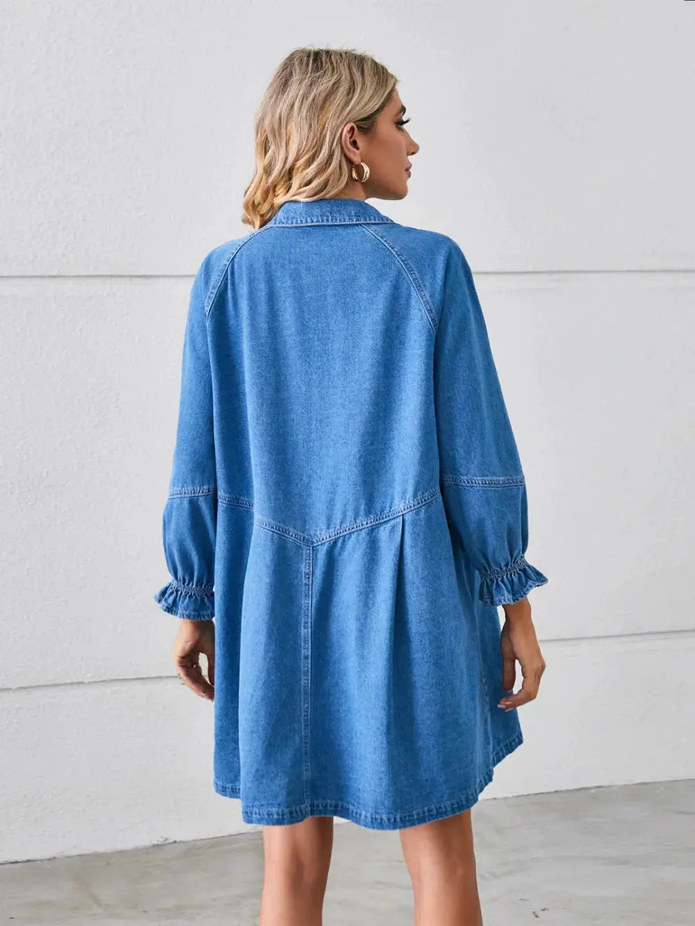 Button Up Flounce Sleeve Mini Denim Dress by Partner Label