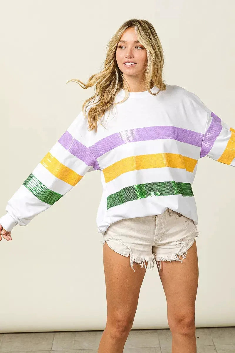 BiBi Sequin Mardi Gras Striped Round Neck Sweatshirt by BiBi