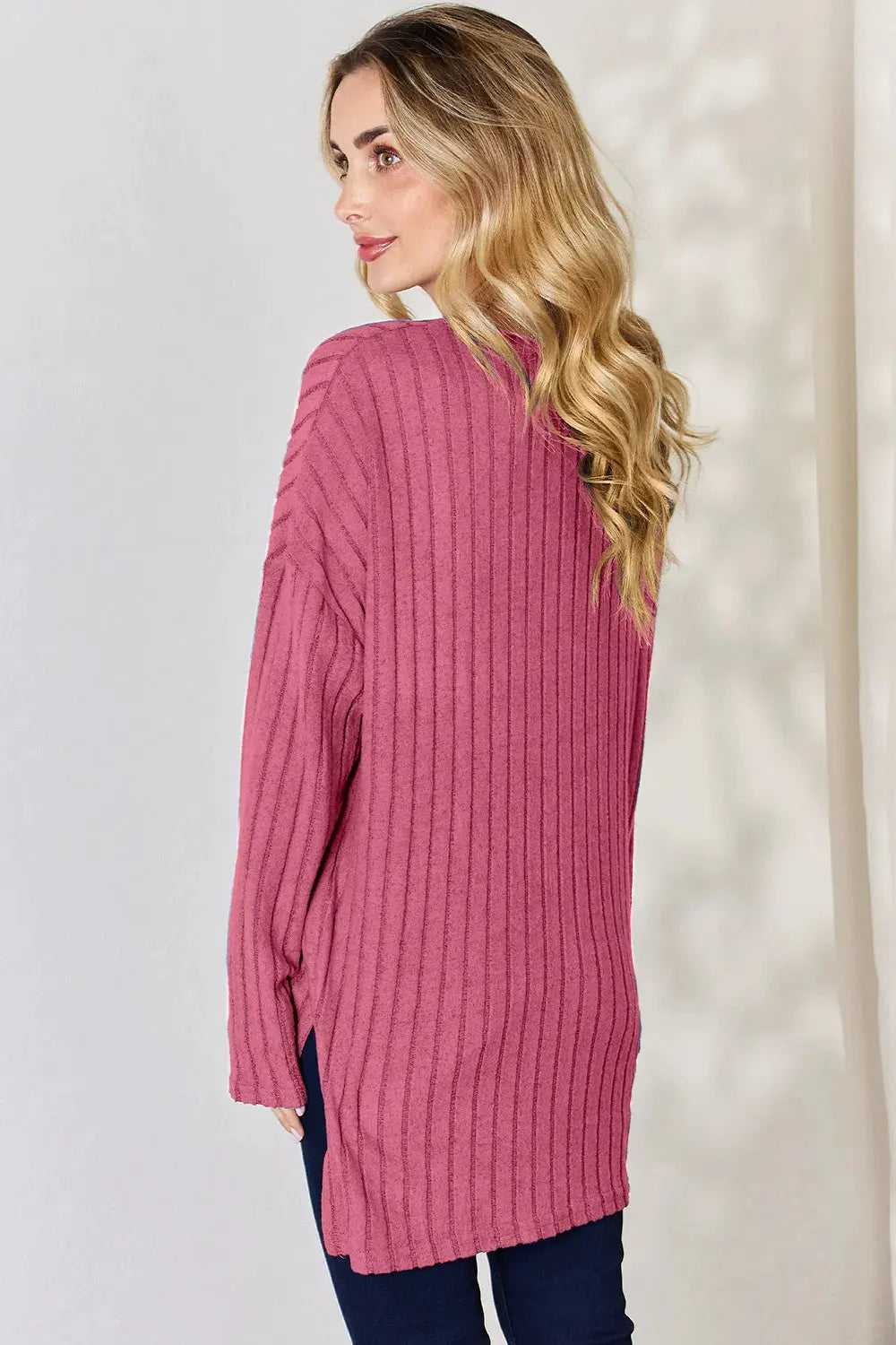 Basic Bae Full Size Ribbed Half Button Long Sleeve High-Low T-Shirt by Basic Bae