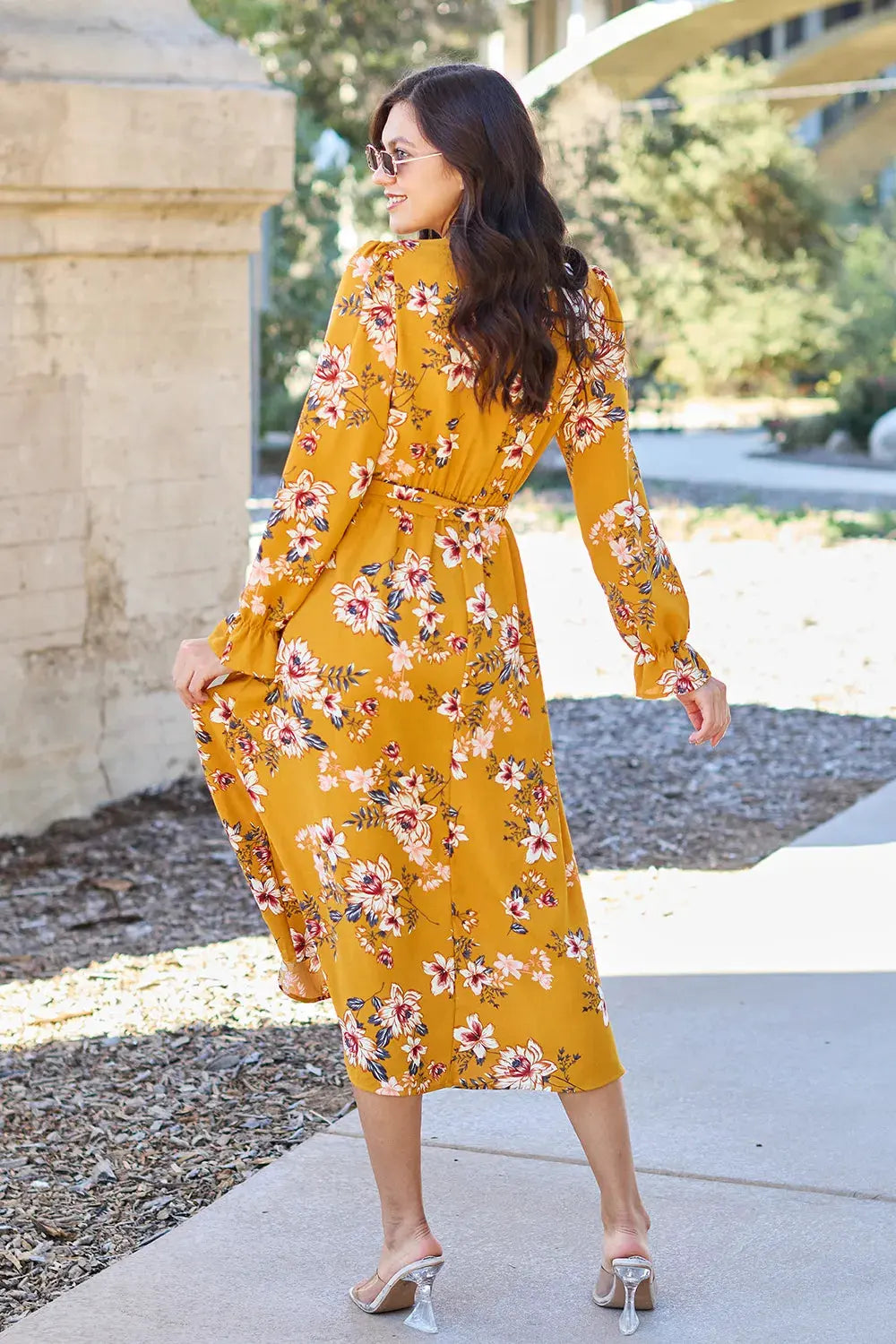 Double Take Full Size Floral Tie Back Flounce Sleeve Dress by Double Take
