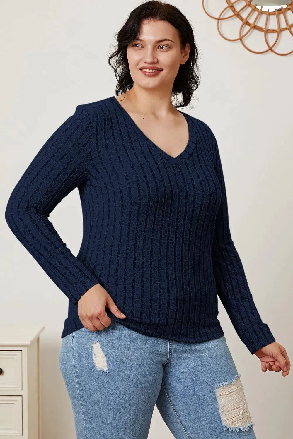 Full Size Ribbed V‑Neck Long Sleeve T‑Shirt | Partner Labels Selection by Partner Label
