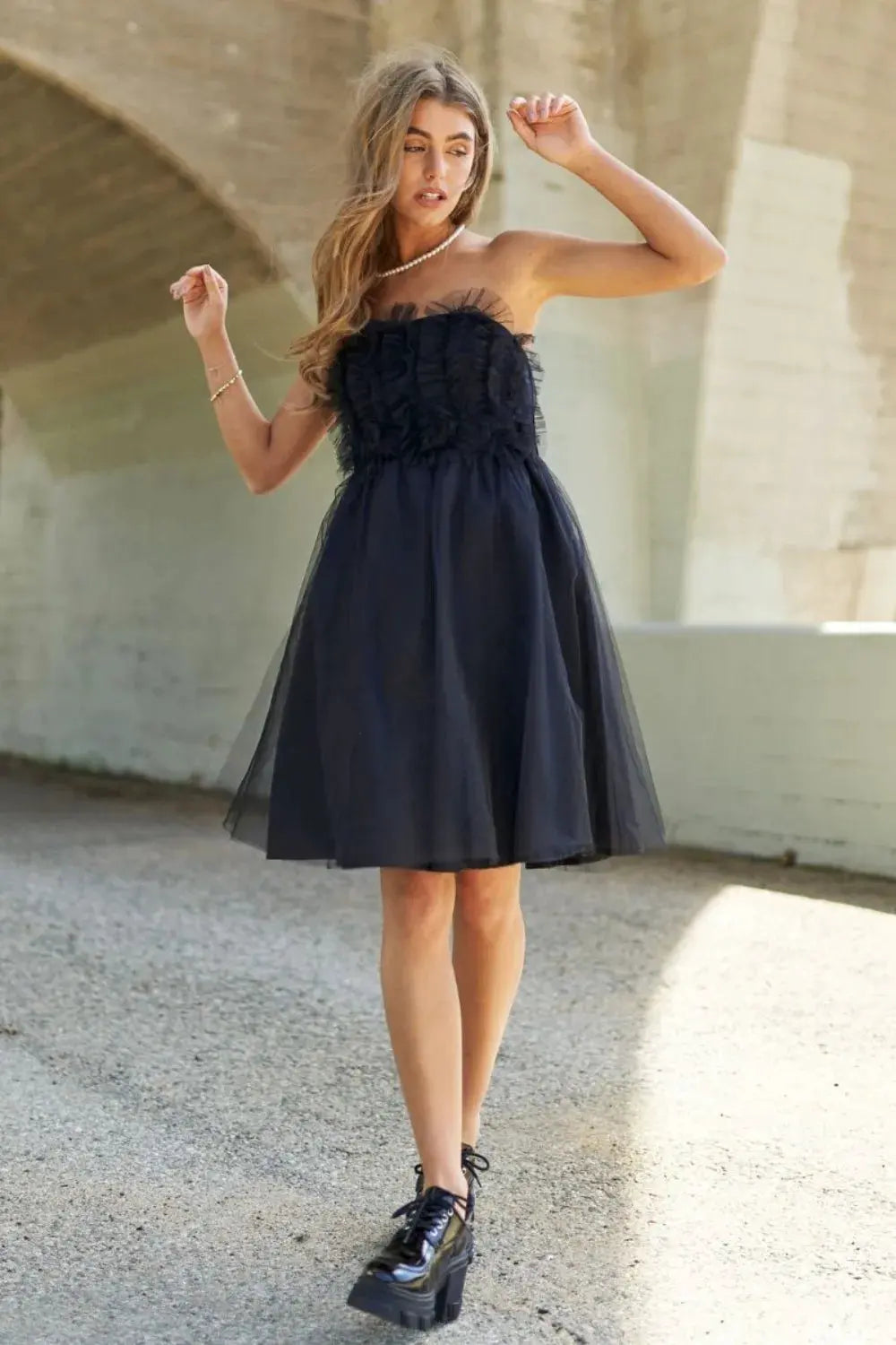 J.NNA Mesh Ruffle Tube Top Swing Dress by Partner Label