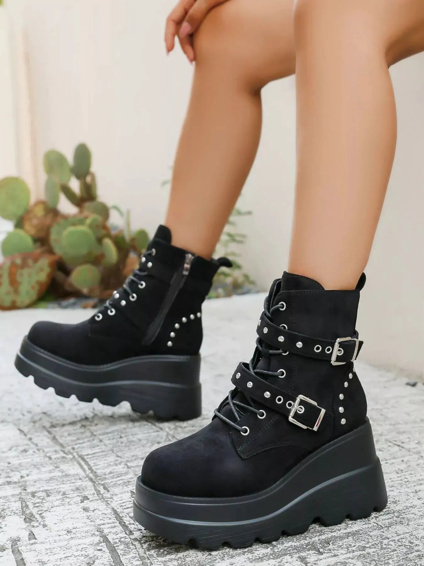 Lace Up Platform Wedge Boots by Partner Label
