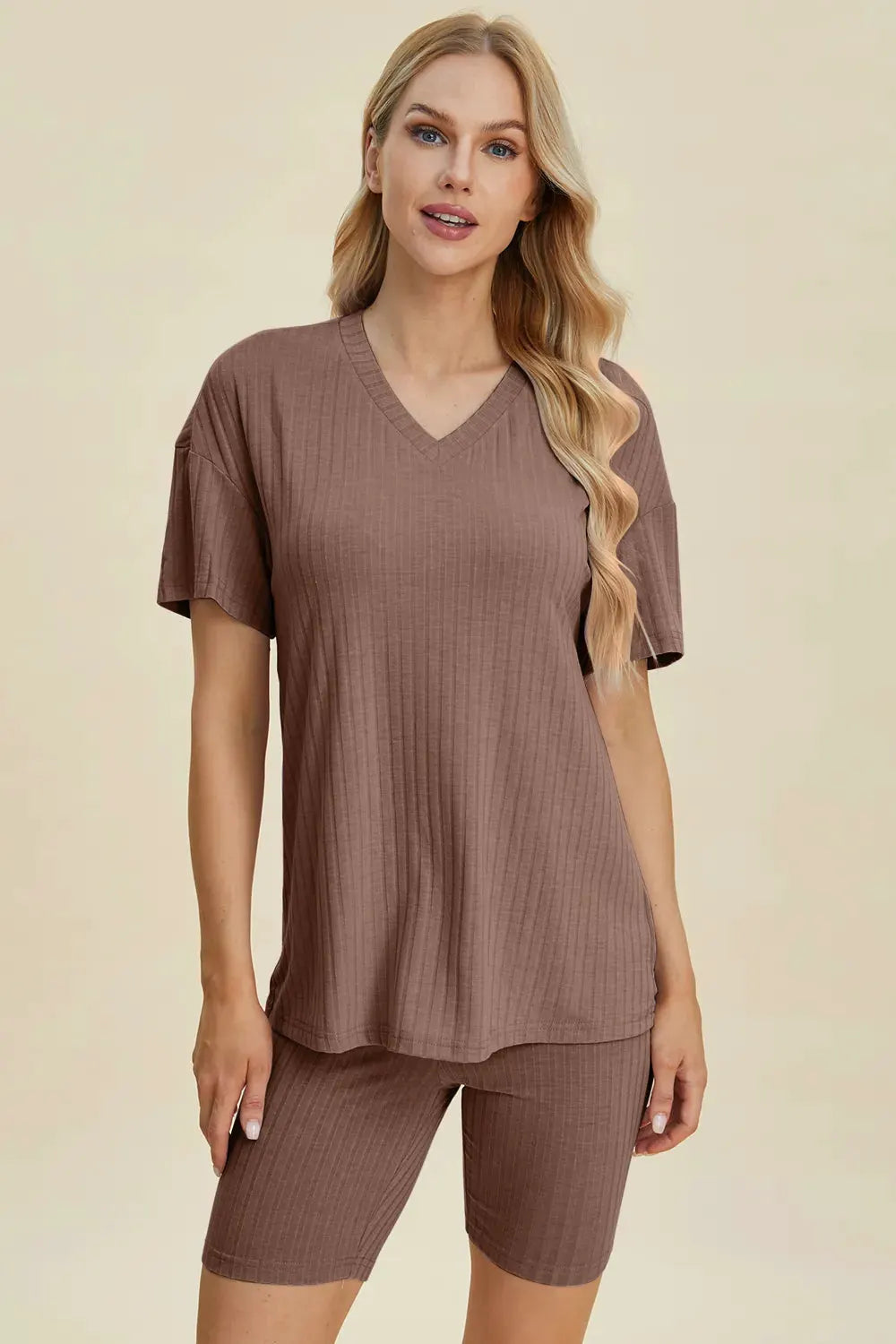 Basic Bae Full Size Ribbed V-Neck Short Sleeve Top and Shorts Set by Basic Bae