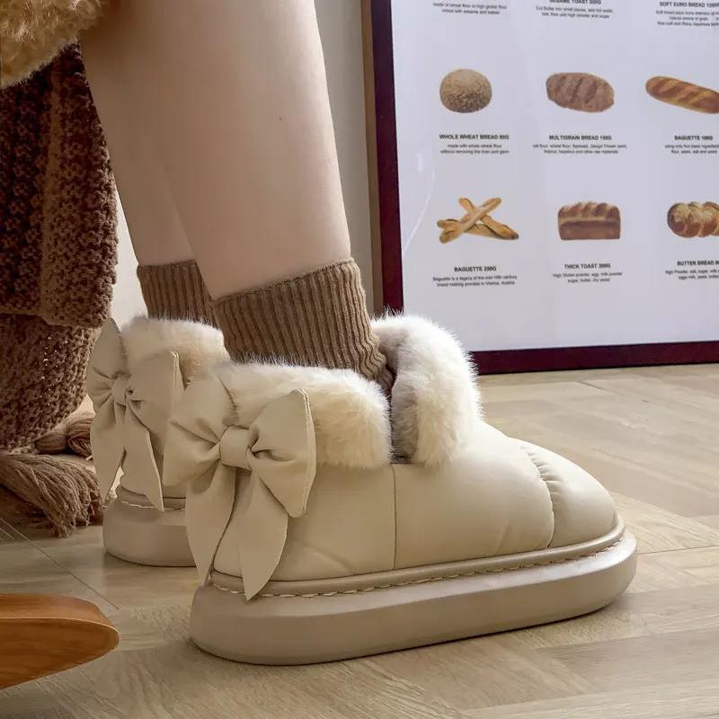 Winter Women Cute Warm Ankle Boots Outdoor Non-slip Thick Sole Snow Boots Furry Bow Cotton Shoes Men Pu Waterproof Plush Boots by Maiden-Art