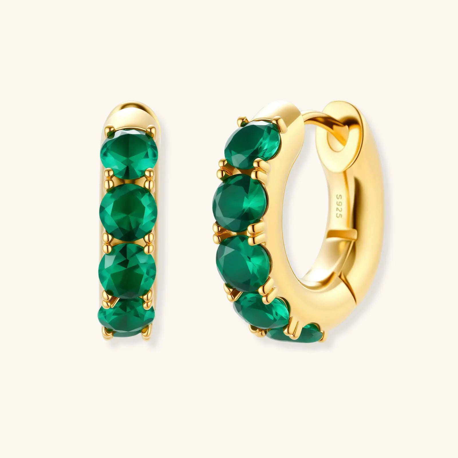 Emerald Huggie Hoops by Equanimity Essence.
