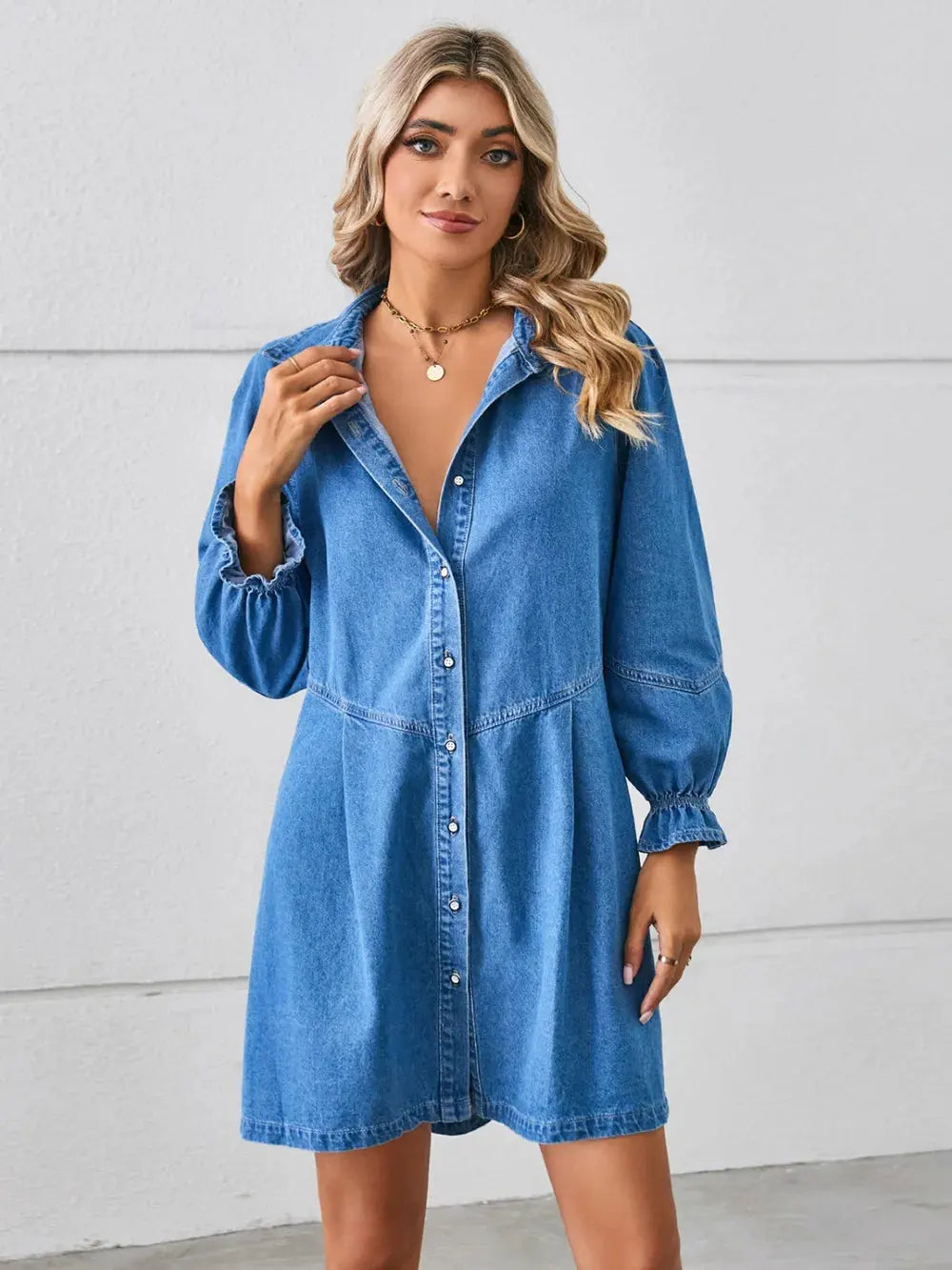 Button Up Flounce Sleeve Mini Denim Dress by Partner Label
