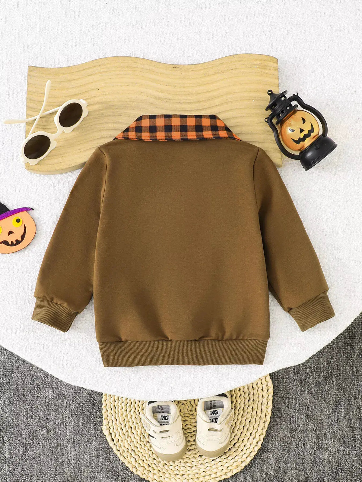Children's Pumpkin Quarter-Zip Plaid Collar Sweatshirt by Trendsi