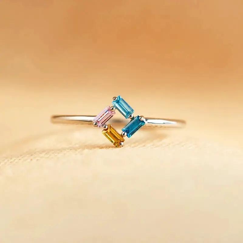 925 Rectangular Birthstone Ring Female Simple Fashion 3-6 Diamond Color Optional Customization by Maiden-Art