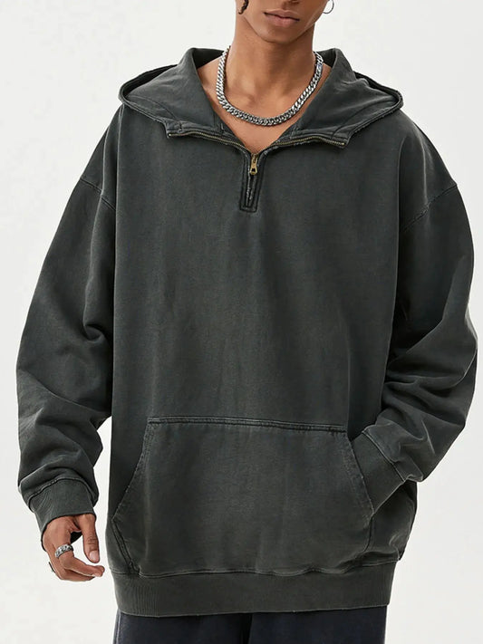 Men's Washed Quarter-Zip Hoodie with Kangaroo Pocket by Trendsi