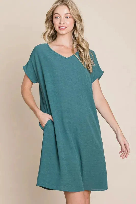 BOMBOM V-Neck Short Sleeve Dress with Pockets by BOMBOM