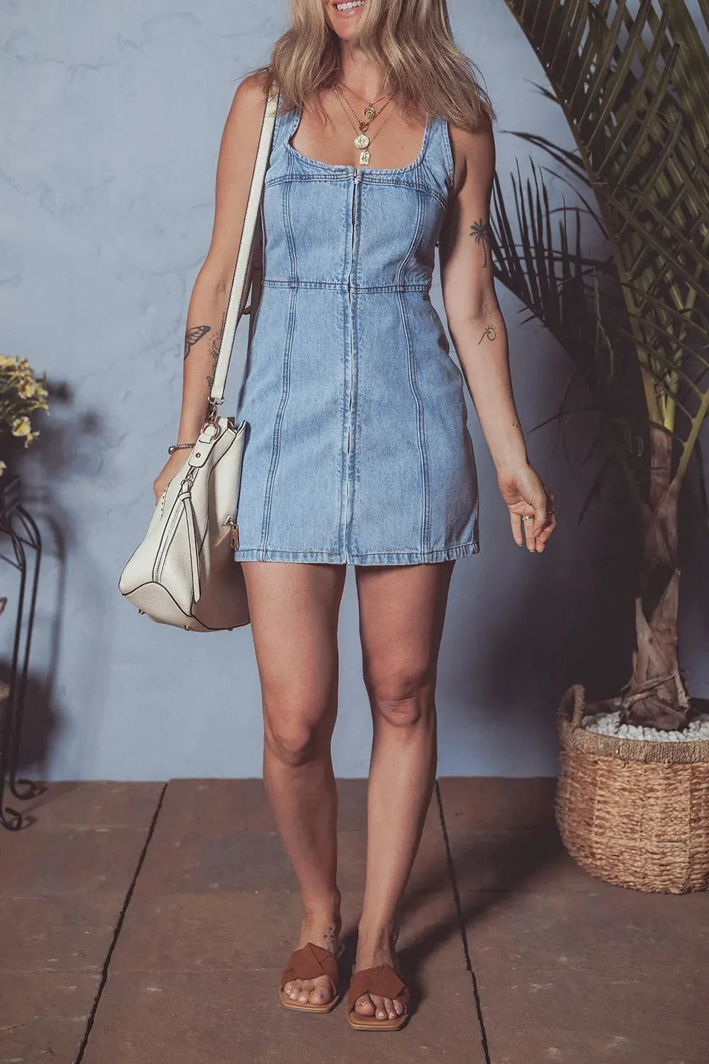 Square Neck Wide Strap Denim Dress by Partner Label