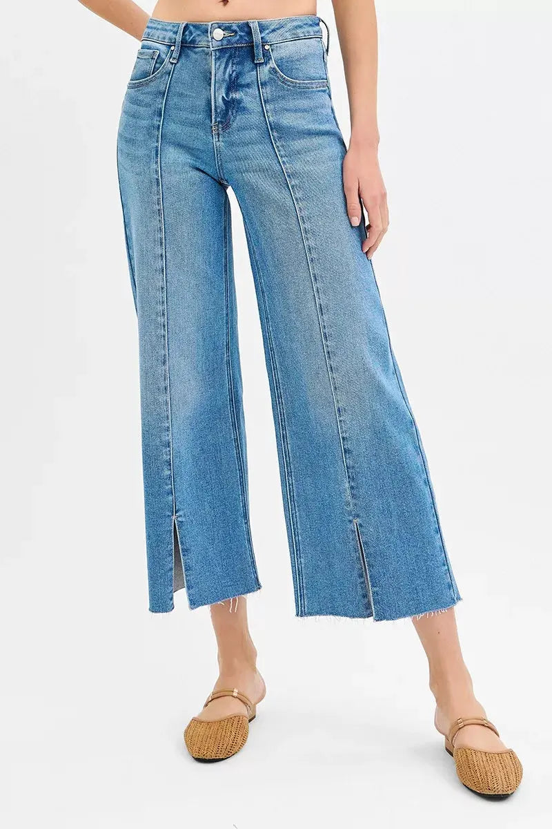 RISEN Tummy Control Mid Rise Crop Wide Front Slit Jeans by RISEN