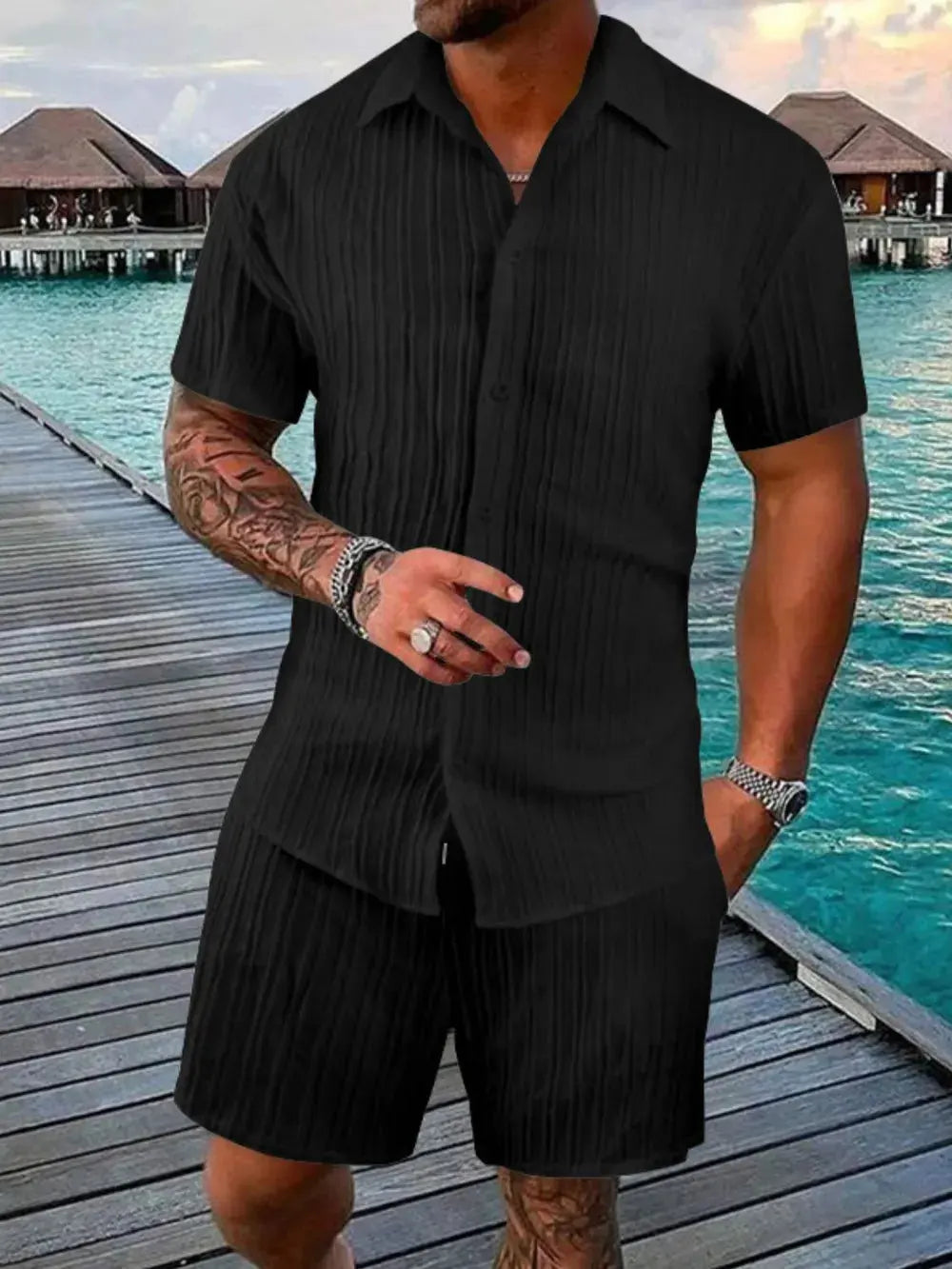 Men's Full Size Button Down Short Sleeve Shirt and Shorts Set Plus Size by Trendsi