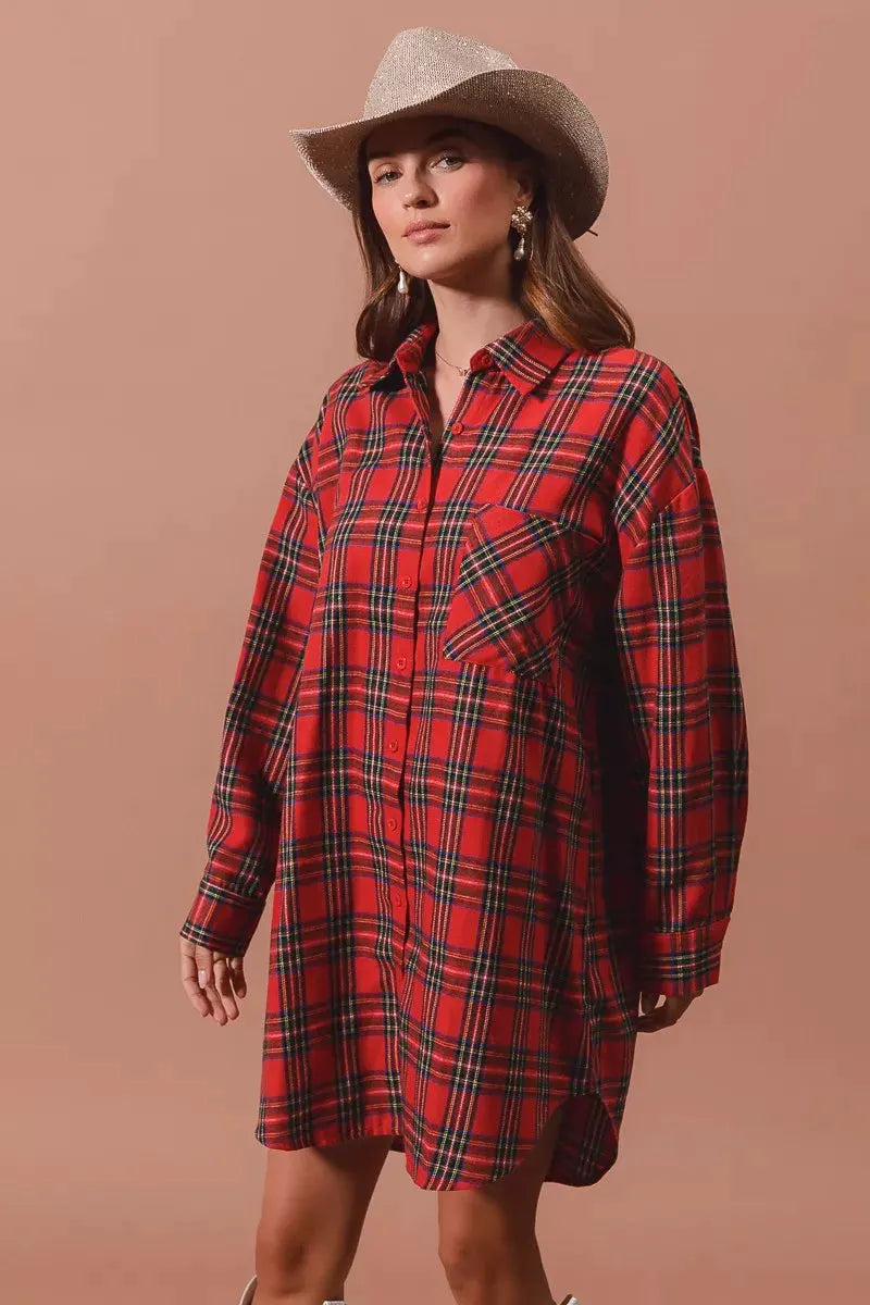 SO ME Christmas Checker Plaid Button Up Shirt Dress by SO ME