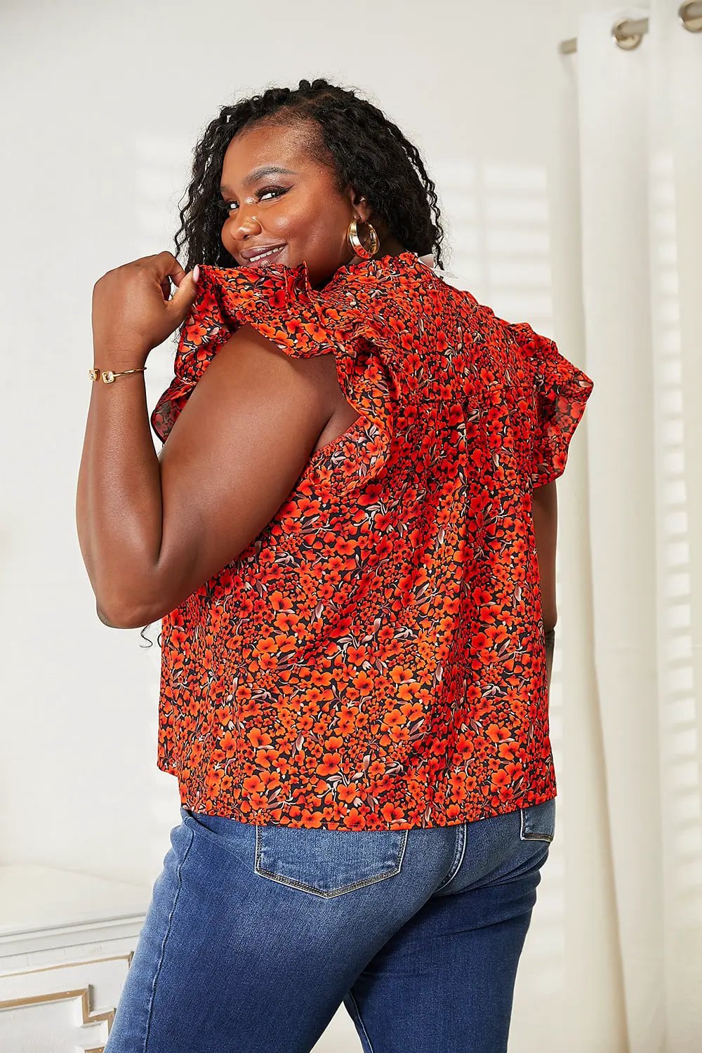 Double Take Floral Flutter Sleeve Notched Neck Blouse by Double Take