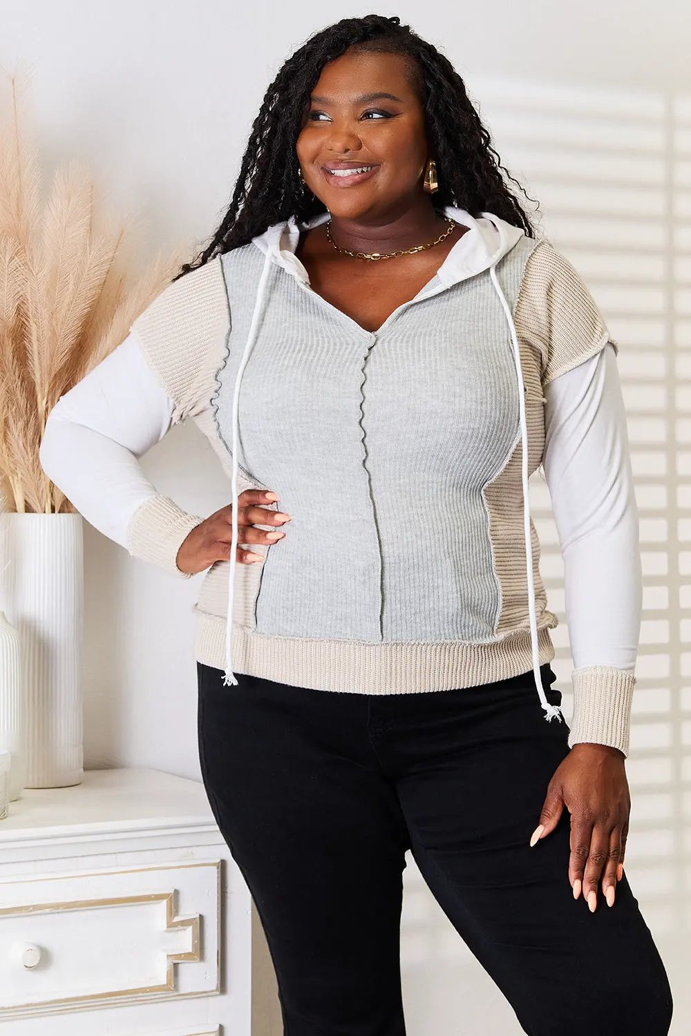 Double Take Color Block Exposed Seam Drawstring Hoodie by Double Take