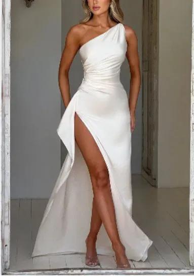 Sexy One-shoulder Backless Slit Dress Summer Elegant Slim-fit Solid Color Satin Dresses For Women by Maiden-Art