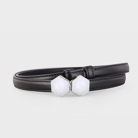 Leather Belt with Geometric Buckle by Trendsi