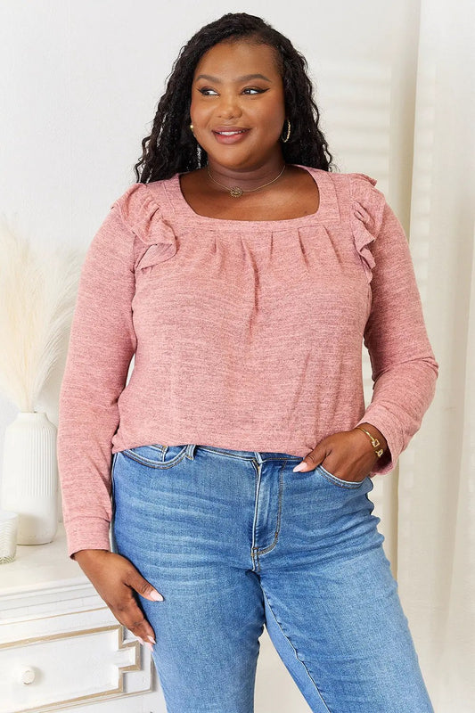 Double Take Square Neck Ruffle Shoulder Long Sleeve T-Shirt by Double Take