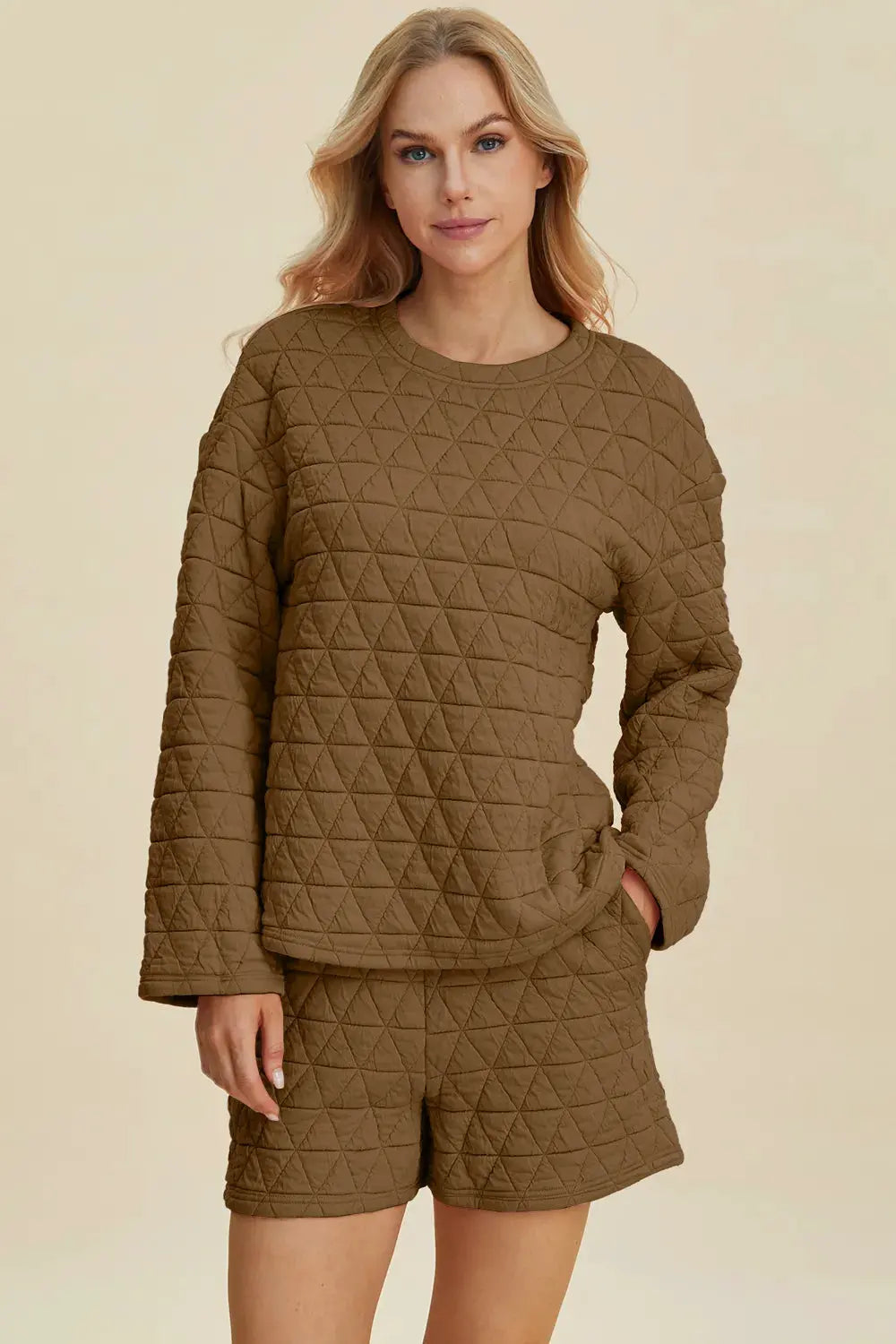 Double Take Full Size Texture Round Neck Long Sleeve Top and Shorts Set by Double Take