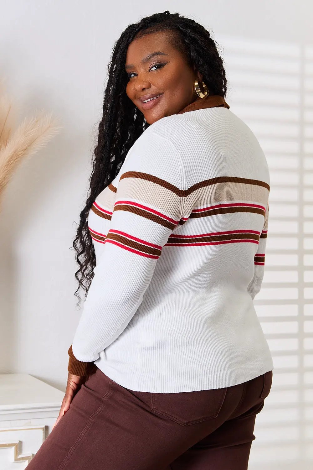 Basic Bae Striped Collared Neck Rib-Knit Top by Basic Bae