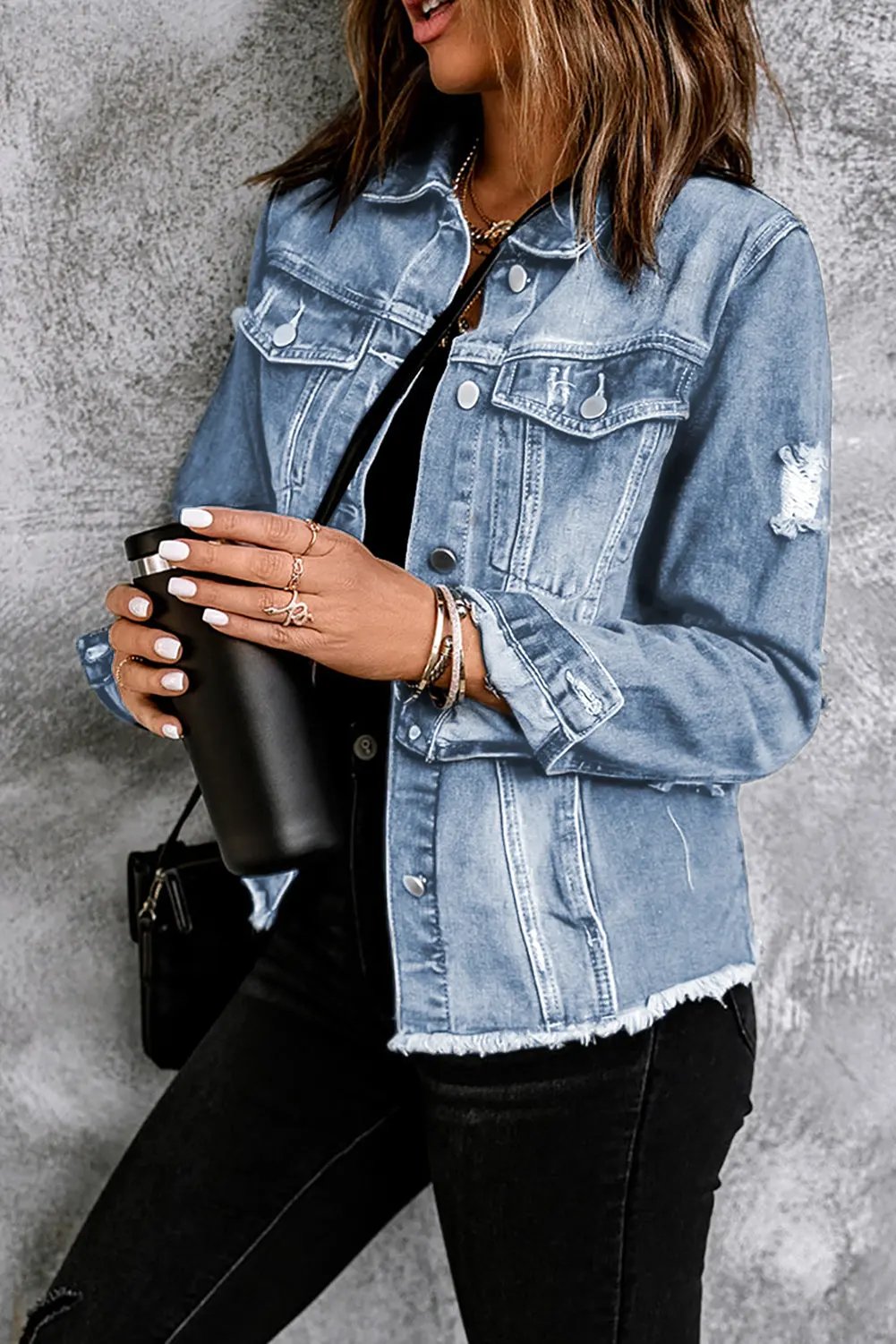 Distressed Raw Hem Buttons Denim Jacket by Partner Label