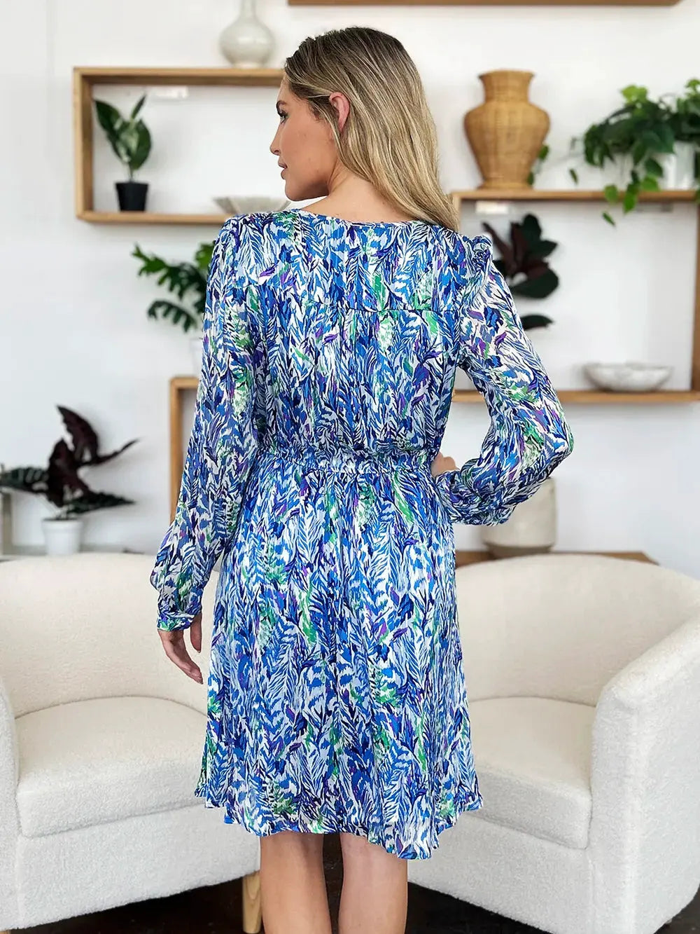 Double Take Full Size Printed Drawstring Waist Long Sleeve Dress by Double Take