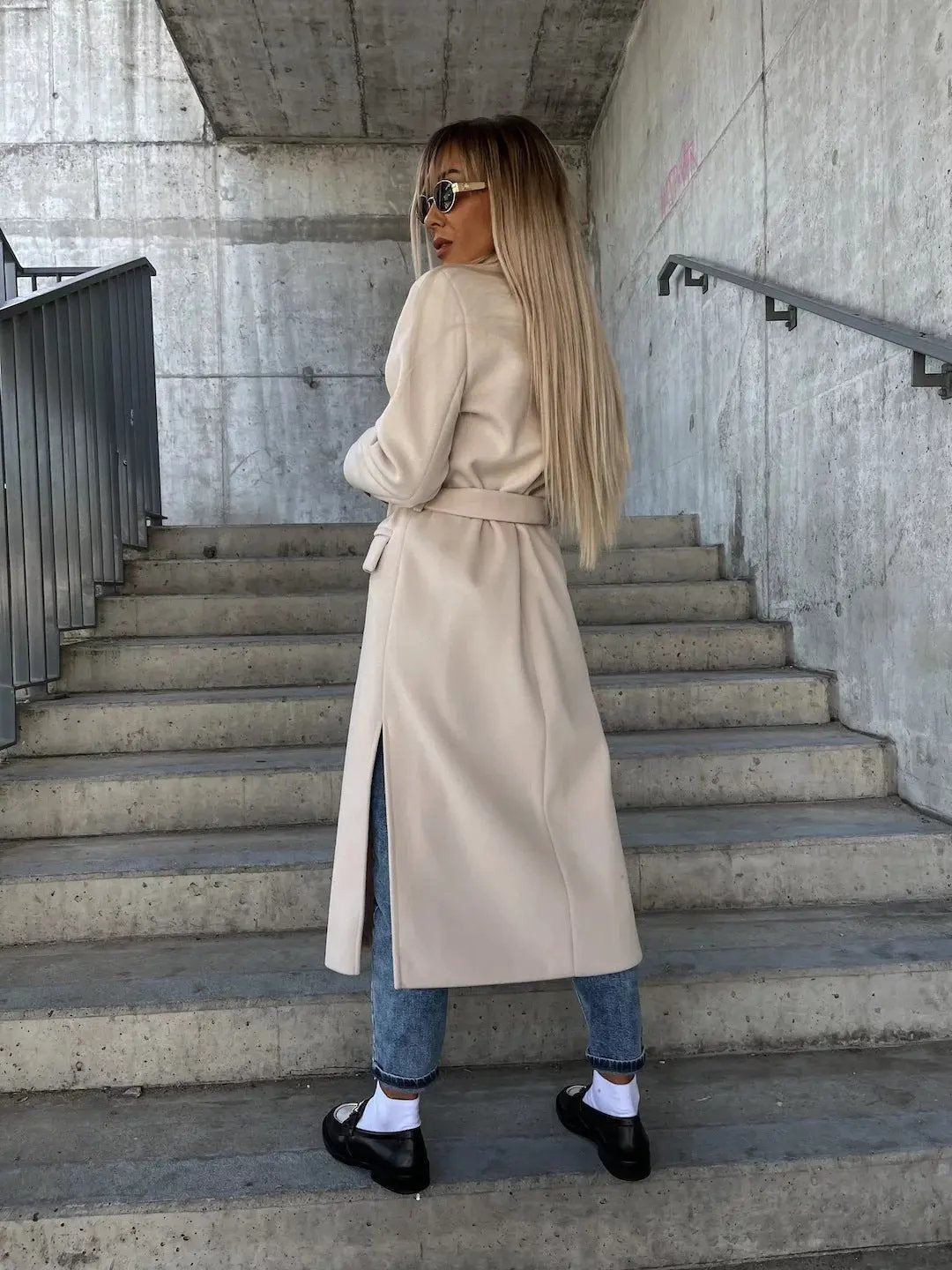 Double-breasted Lapel Split Jacket With Belt Winter Fashion Casual Long Sleeve Button Daily Coats For Women Clothing by Maiden-Art