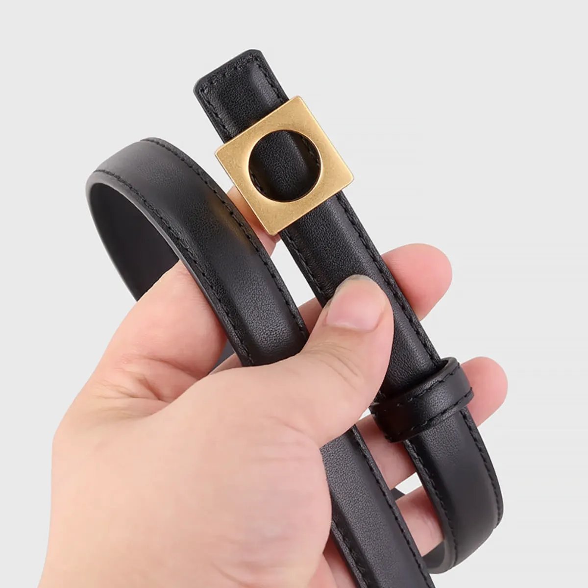 Square Buckle Skinny Leather Belt by Trendsi