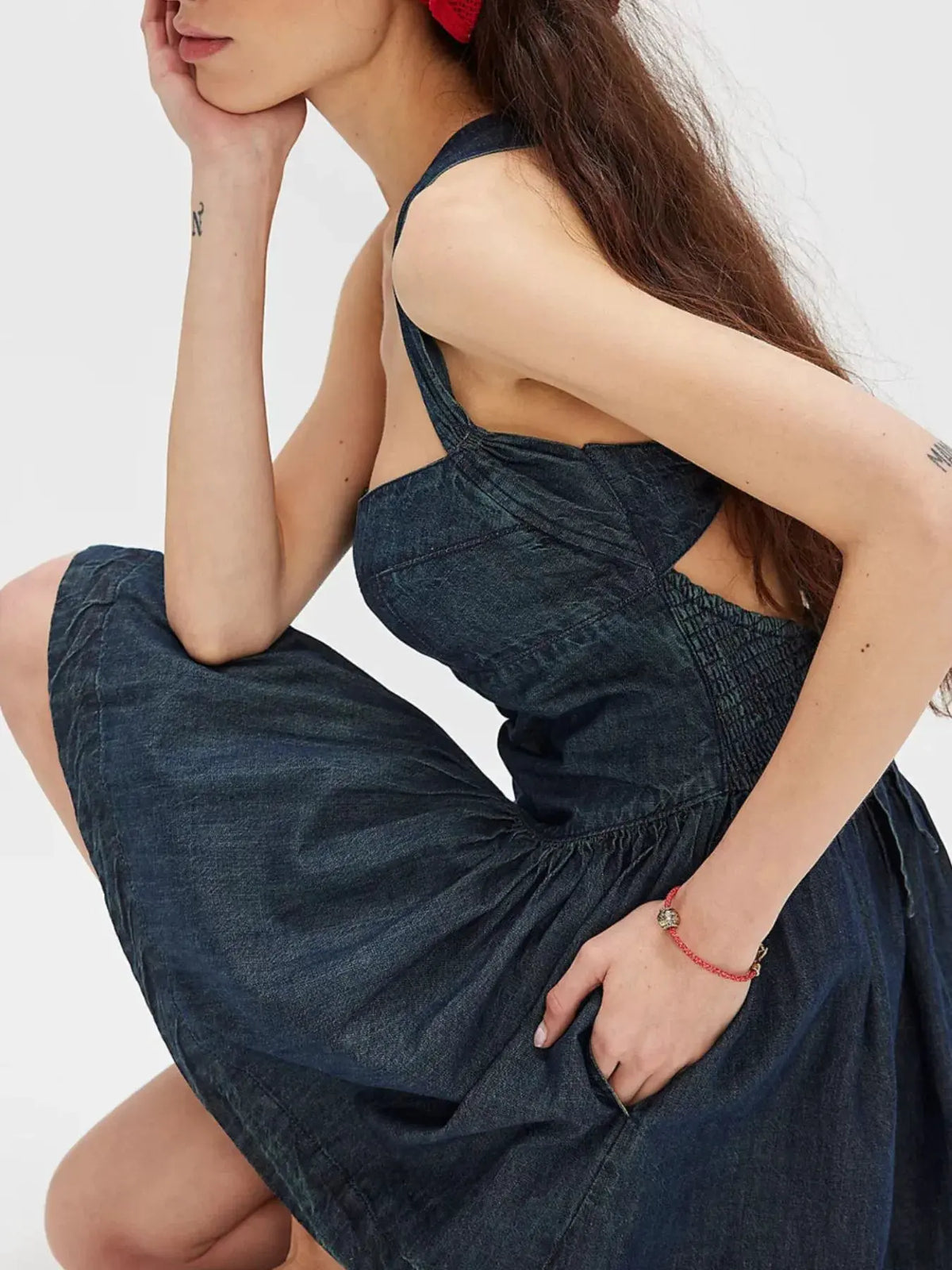 Smocked Crisscross Back Denim Mini Dress by Partner Label