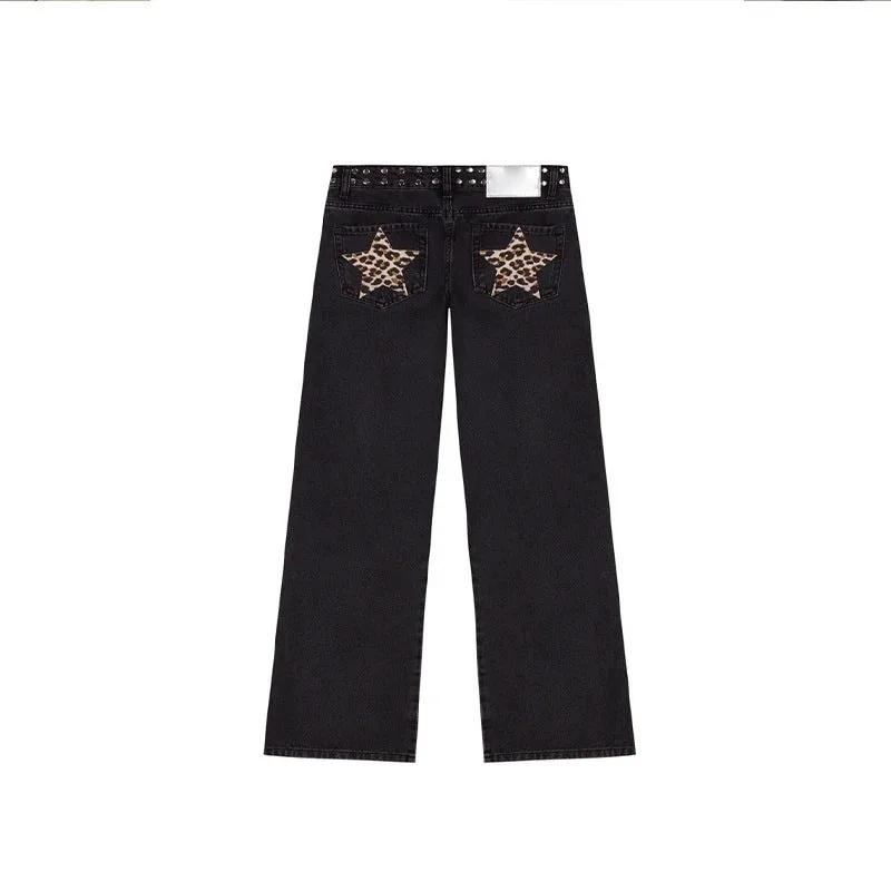 Leopard Print Five-pointed Star Deconstructing Jeans For Women by Maiden-Art