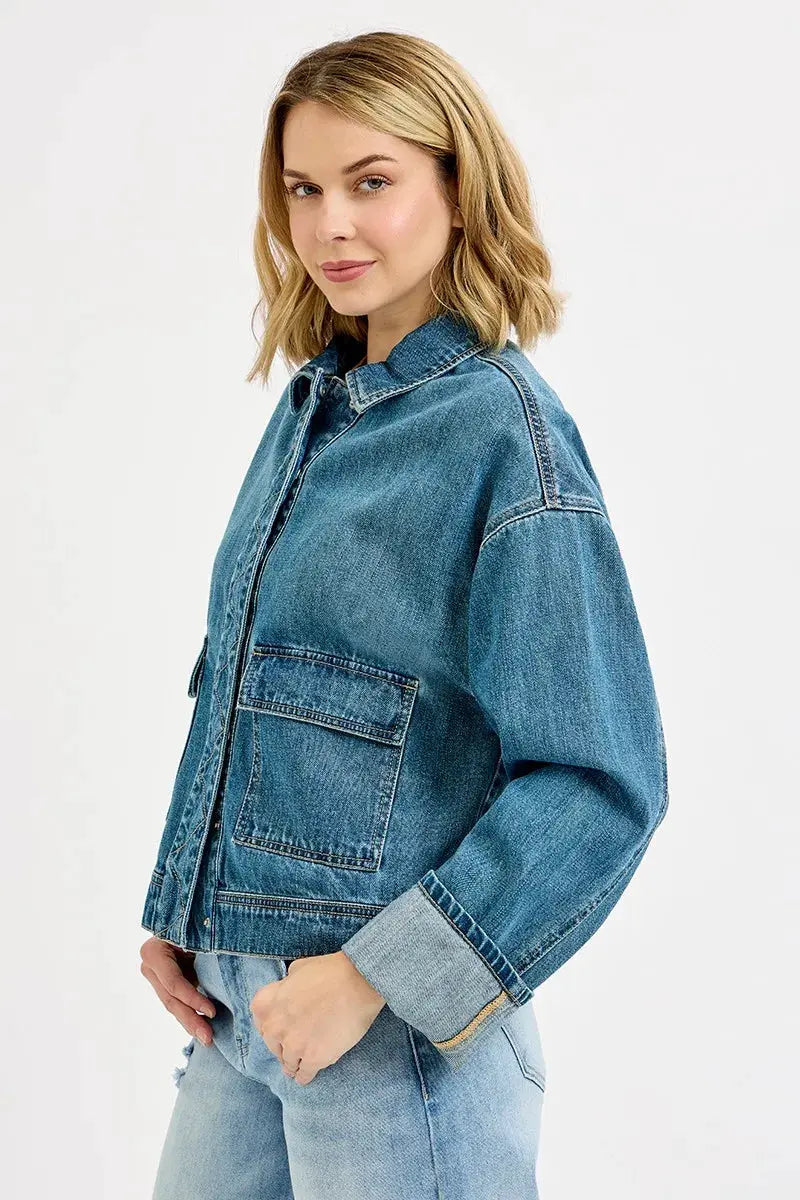 RISEN Oversized Cargo Pocket Denim Jacket with Cuffed Sleeves by RISEN
