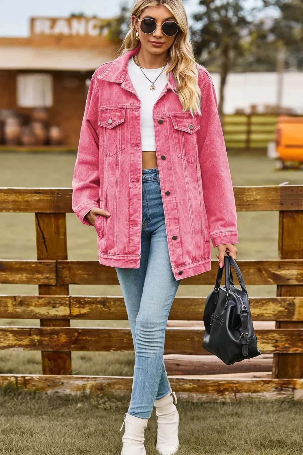 Buttoned Collared Neck Denim Jacket with Pockets by Partner Label
