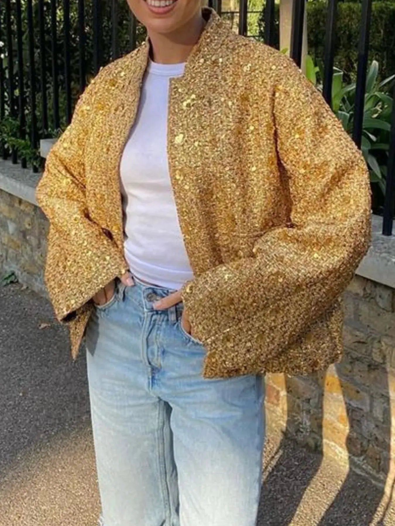Sequin Long Sleeve Jacket with Pockets by Partner Label