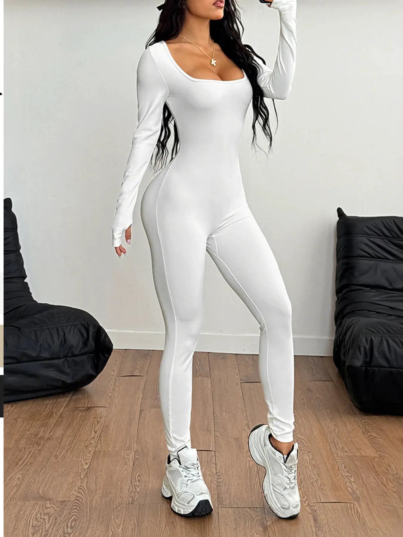 Square Neck Long Sleeve Active Jumpsuit by Partner Label
