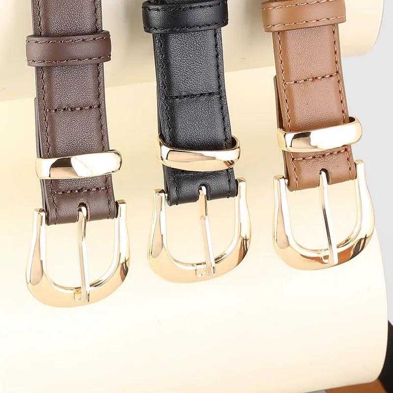 Leather Skinny Belt with Golden Buckle by Trendsi