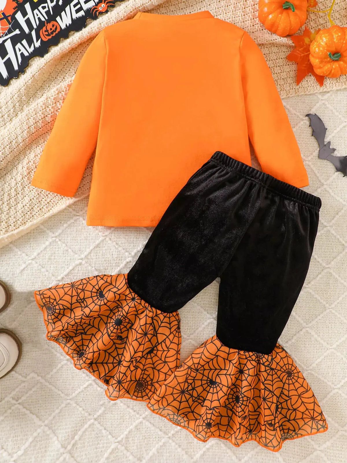 Children's Halloween Pumpkin Long Sleeve Top and Spiderweb Bell Bottom Set by Trendsi
