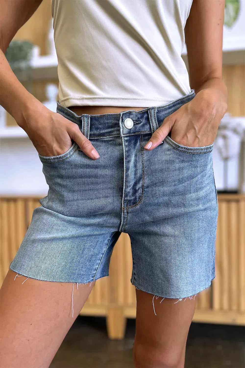 Judy Blue Full Size High Waist Raw Hem Denim Shorts by Judy Blue