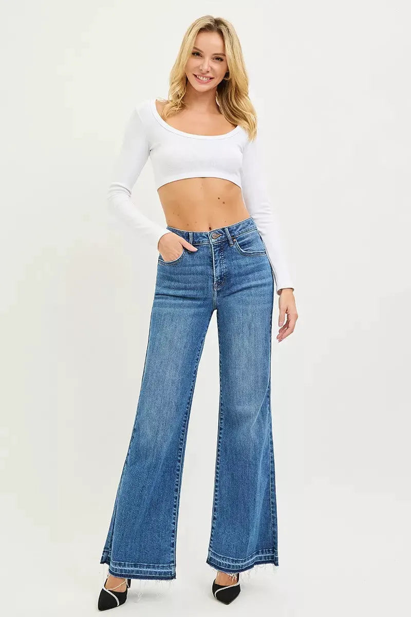 RISEN High Rise Wide Leg Jeans With Released Hem by RISEN