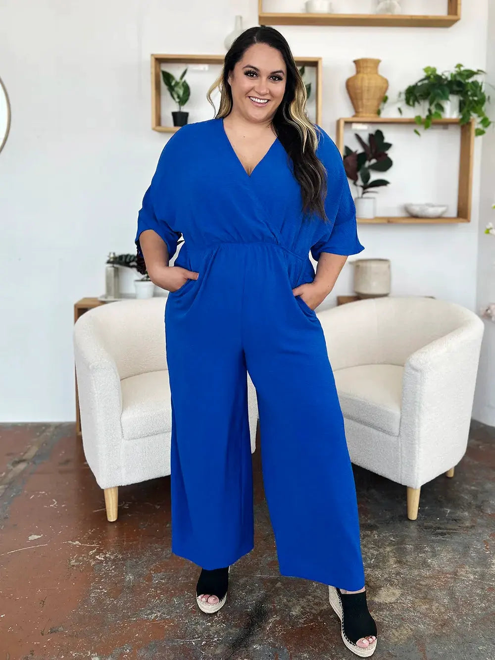 Double Take Full Size Surplice Wide Leg Jumpsuit with Pockets by Double Take