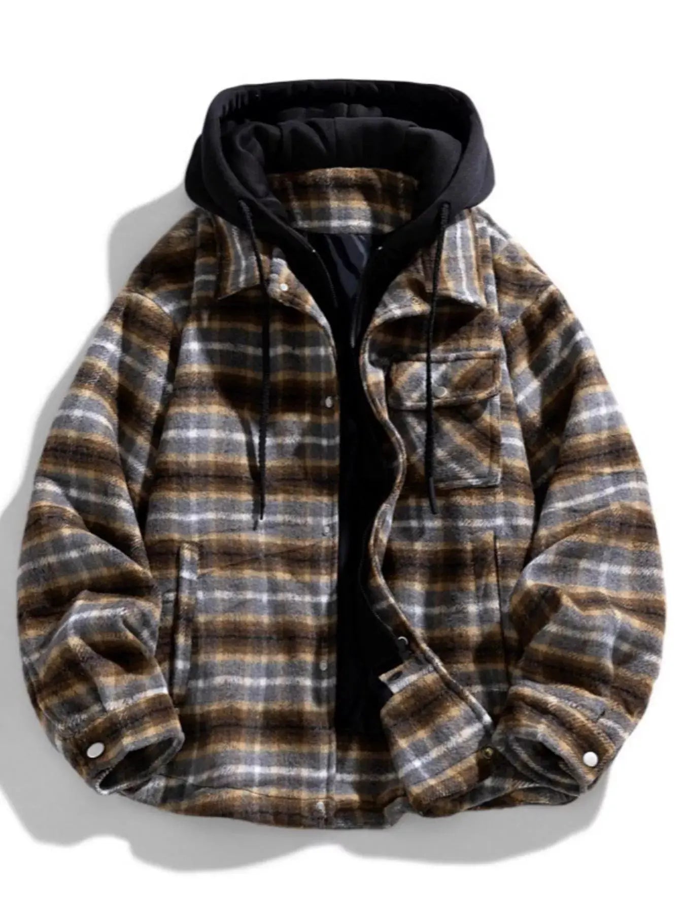 Men's Plus Size Drawstring Hooded Plaid Shirt Jacket by Partner Label