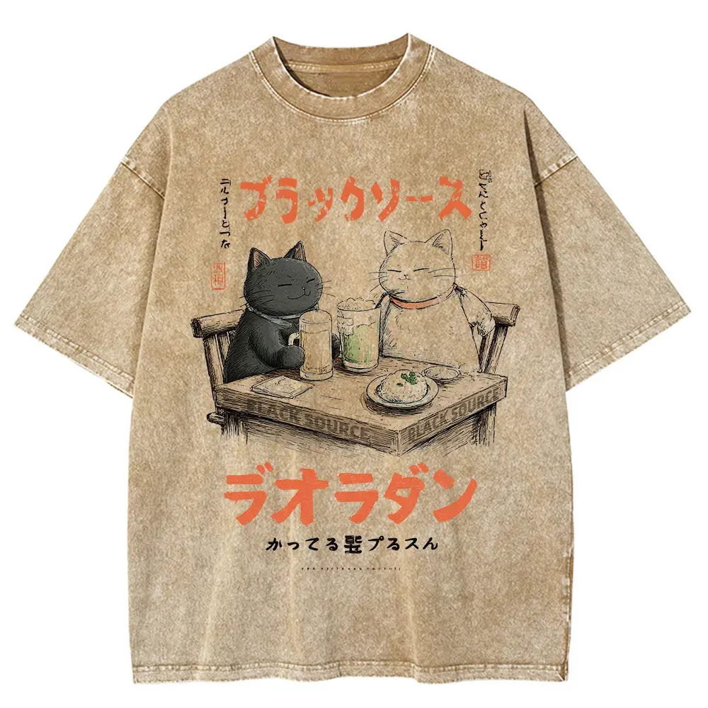 Funny Drinking Cat Japanese Harajuku Streetwear T-Shirt Cotton Unisex by Vimost Shop