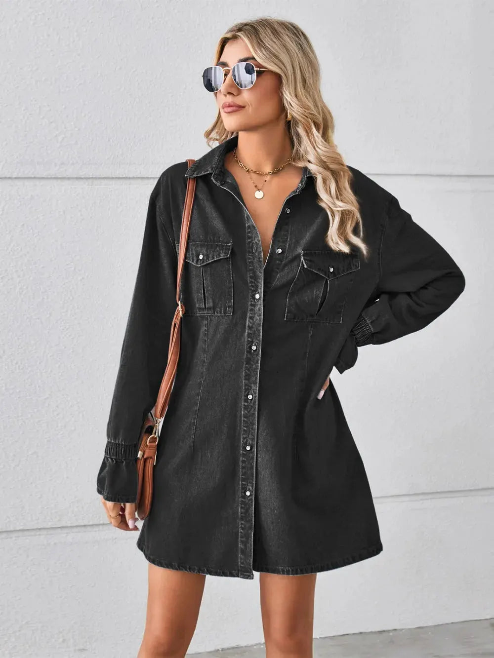 Pocketed Dropped Shoulder Mini Denim Dress by Partner Label