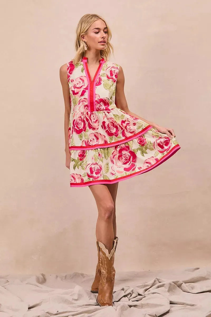 BiBi Floral Woven Contrast Edge Tiered Ruffle Mini Dress by BiBi