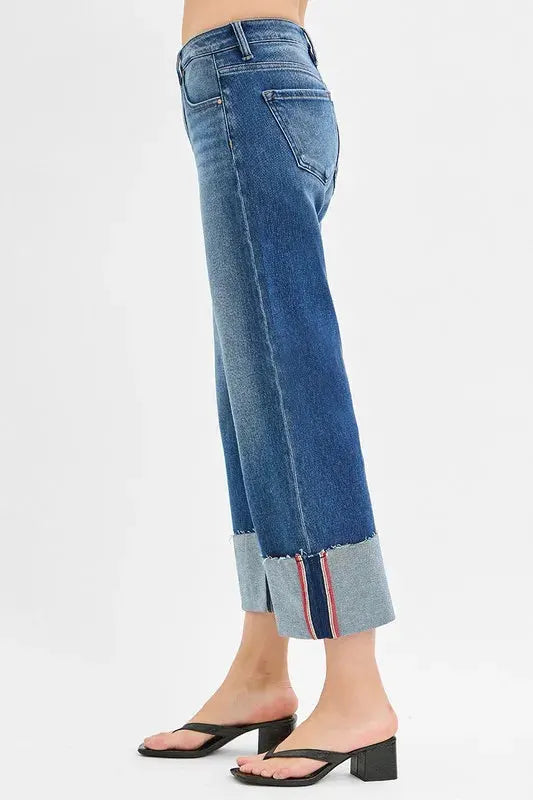 RISEN Full Size Tummy Control Mid Rise Crop Wide Cuffed Jeans Plus Size by RISEN