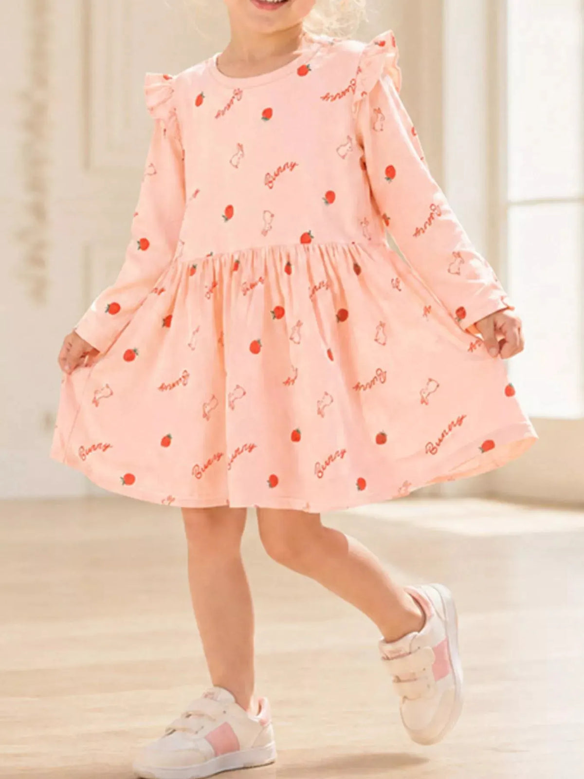 Children's Strawberry and Bunny Print Ruffled Long-Sleeve A-Line Dress by Trendsi