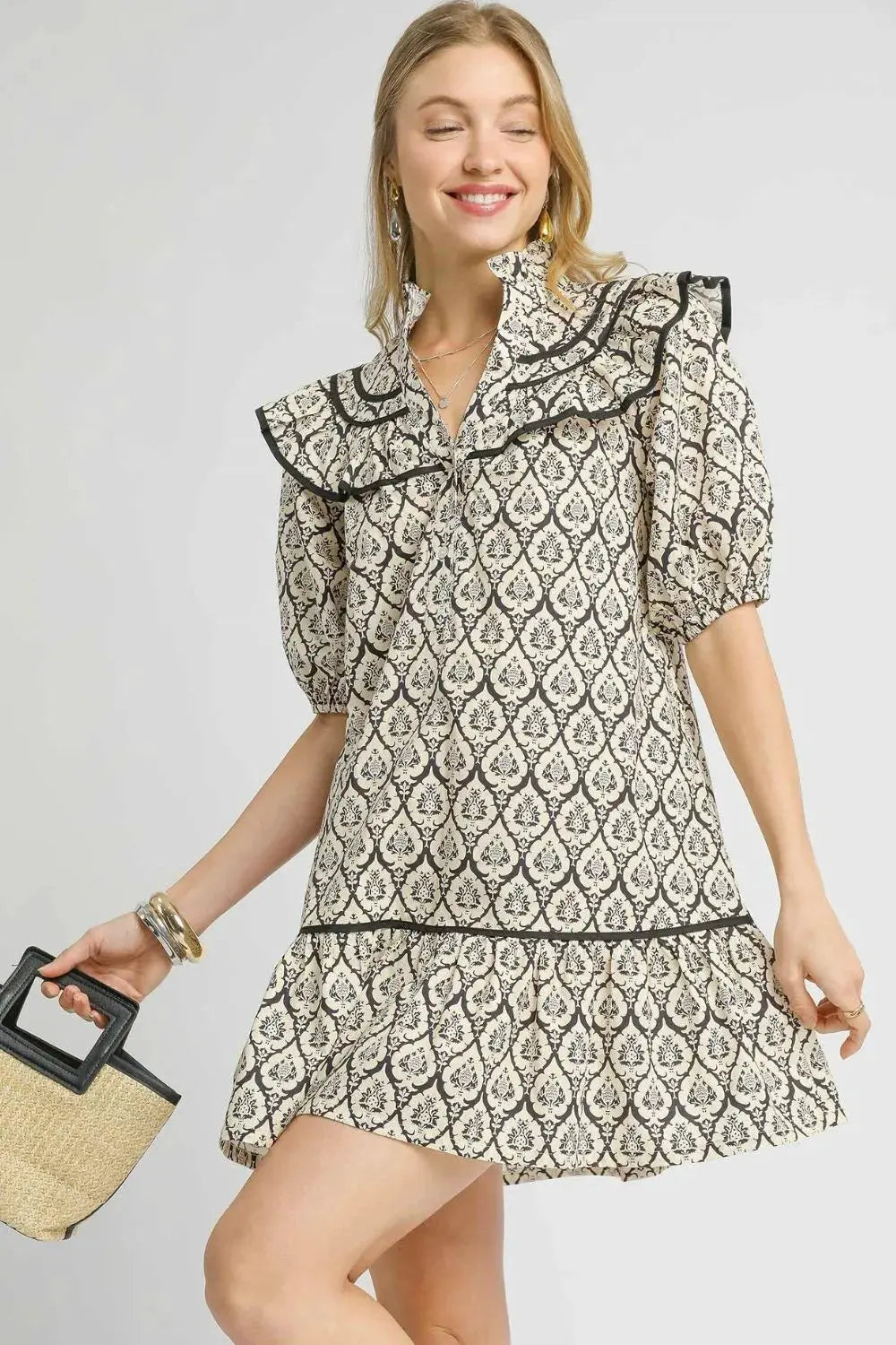 Umgee Ruffled Printed Puff Sleeve Mini Dress by Umgee USA