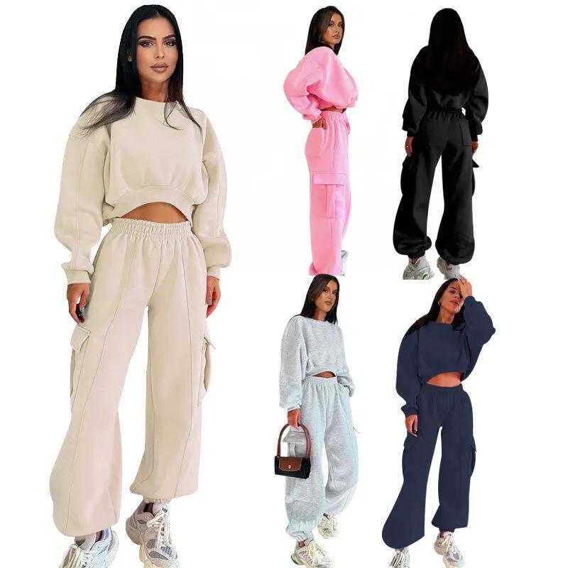 European And American Autumn New Round Neck High Waist Sweater Pocket Loose Sweatpants Suit by Maiden-Art